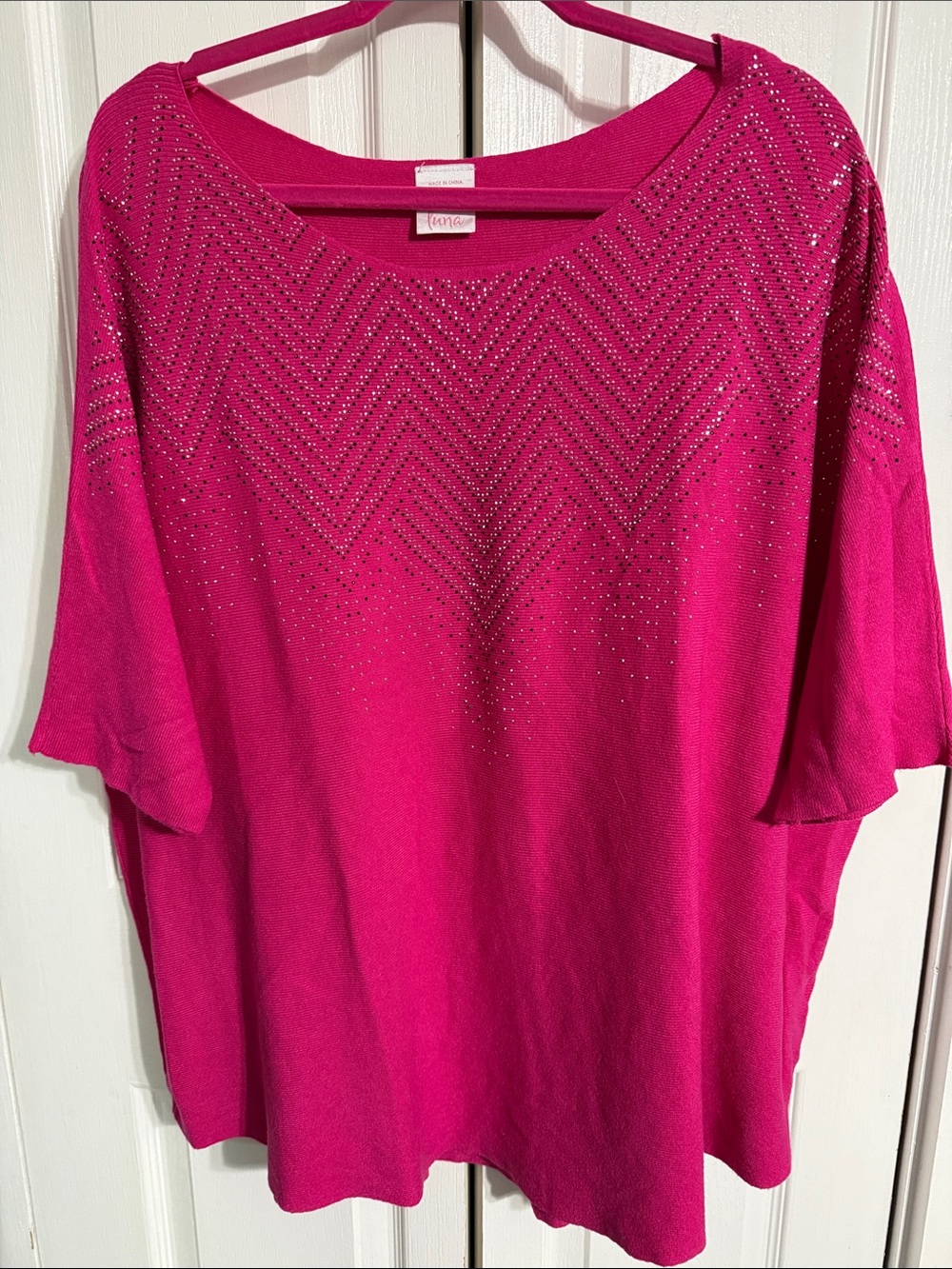 Luna Hot Pink Rhinestone Chevron Knit Top